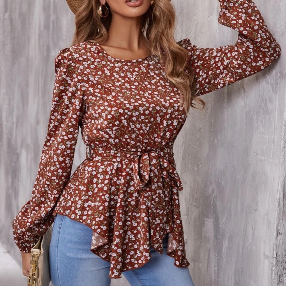 Boho Floral Print Peplum Ruffle Blouse - Picture 1 of 5